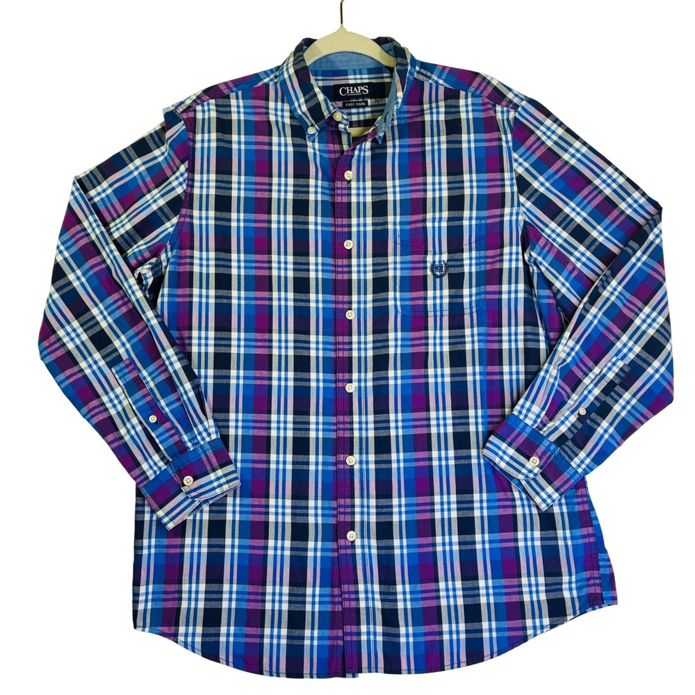 Chaps Easy Care Mens Medium Blue Purple Plaid Button Down Shirt Long Sleeve